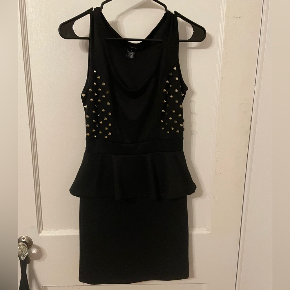 Rue 21 Gold Studded Peplum Black Bodycon Dress Edgy Alternative Fashion Size M